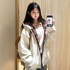 美式复古格子连帽卫衣女春秋oversize薄款外套宽松慵懒风开衫上衣