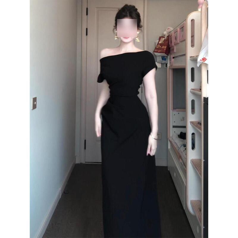 Hepburn-Style French Black One-Shoulder Dress for Women, New Summer Casual Elegant Waist-Cinching Bodycon Long Dress