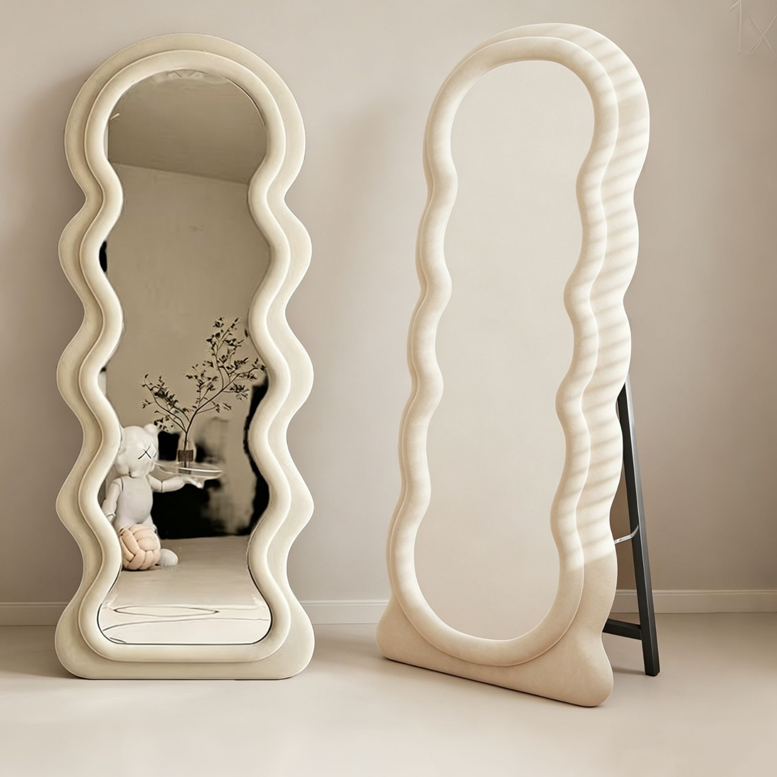 Velvet-style dressing mirror, cream-colored, popular online, wavy design, home-use floor-standing full-length mirror, delivered to your door