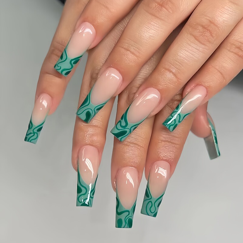 European and American Long Ballet Nails in Green with a Natural Whitening Effect, Ins-Style Cross-Border Nail Pieces, Finished Products Available for Wholesale
