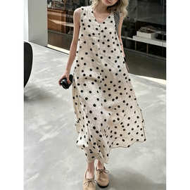 实拍2026 棉麻复古浪漫 慵懒松弛 大码V领波点无袖连衣裙