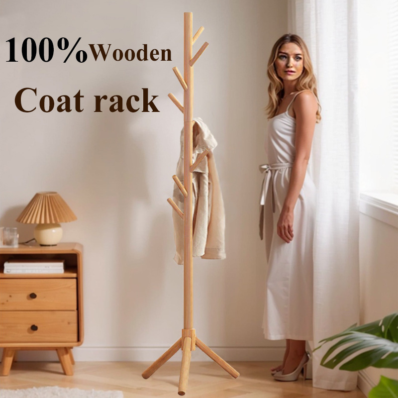 Wooden Coat Rack Solid Wood Coat Rack Floor-Standing Clothes Rack Storage Rack Bedroom Bag Rack Kidsren's Clothes Rack