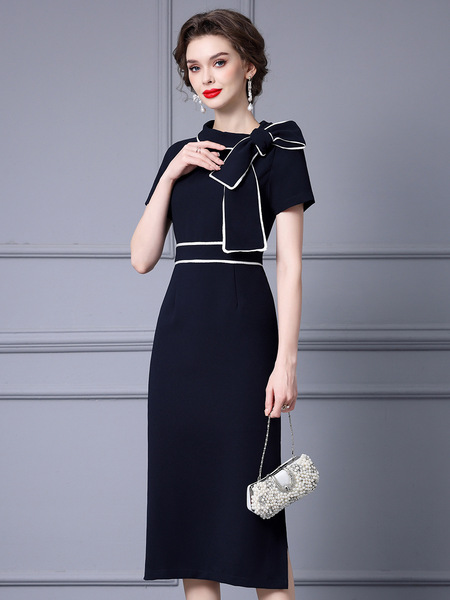 Bow design high waisted commuting slit wrap hip skirt for summer