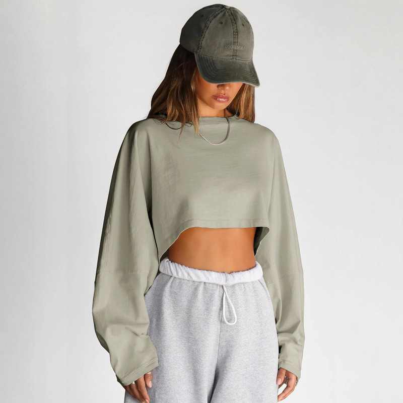 2025 Cross-Border Navel-Baring Round Neck Sweatshirt European and American Women's Short Sports Bottoming Shirt T-Shirt Knitwear Long-Sleeved Top 2025 Cross-Border Navel-Baring Round Neck Sweatshirt European and American Women's Short Sports Bottoming Shirt T-Shirt Knitwear Long-Sleeved Top