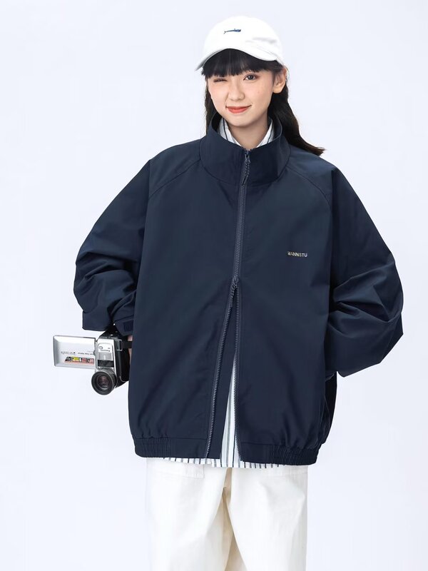 春季新款日系休闲夹克男翻领小标刺绣宽松纯色外套春秋款2025年潮|undefined