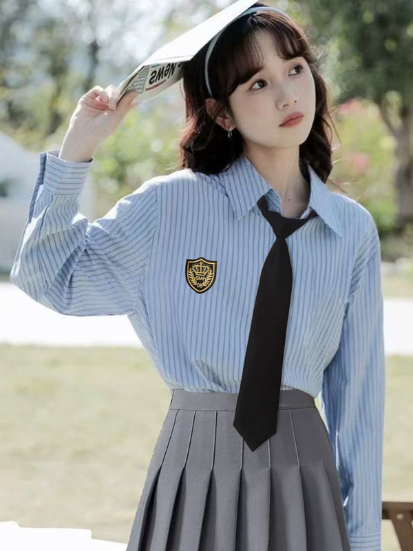 韩系jk制服蓝色条纹衬衫女学生外穿长袖上衣设计感小众百褶裙套装|undefined