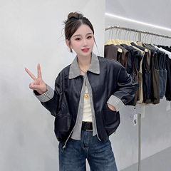 条纹拼接假两件皮衣外套女2025秋季新款休闲翻领pu皮夹克小个子潮