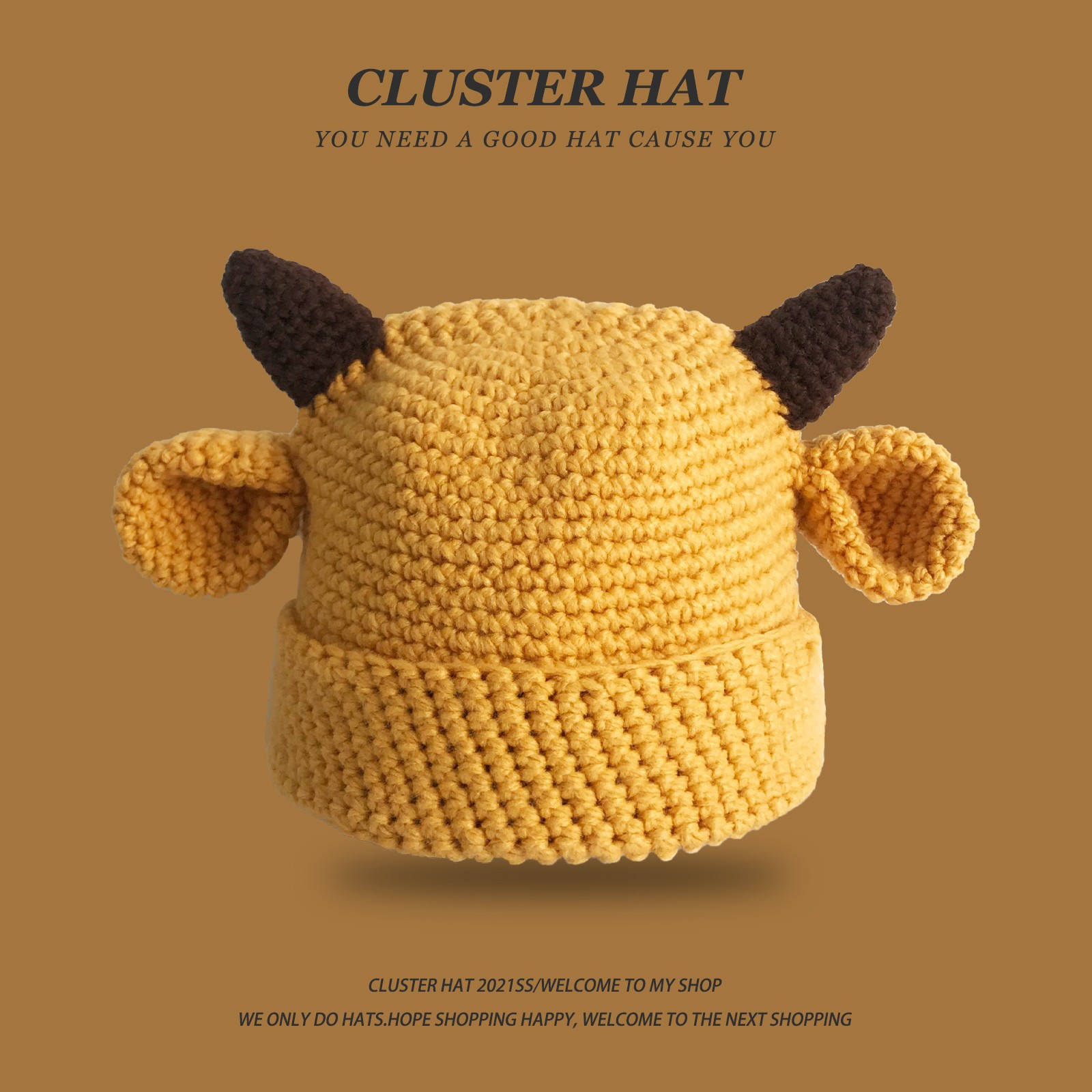 New Japanese Cute and Versatile Student Cow Horn Ear Woolen Hat Women's Autumn and Winter Pure Handmade Knitted Headband Hat Trend_voghion.com