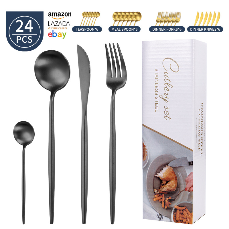 Transfronterizo Amazon mango redondo portugués cuchillo y tenedor cuchara set de platos de acero inoxidable mate cuchillo y tenedor de filete set 24 piezas