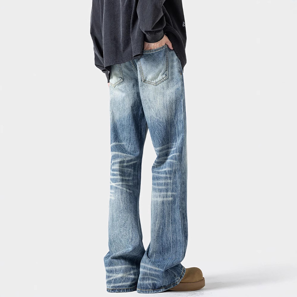 Lightning Pattern Slightly Pulled Jeans Men's 2026 Spring New American Retro Washed Large Size Loose Straight Trousers_voghion.com
