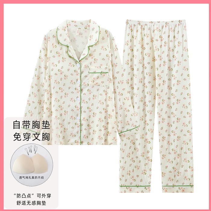 Nube de algodón pijama de primavera y otoño dulce dibujos animados con cojín de pecho cardigan de manga larga pantalones largos dos piezas de ropa de hogar