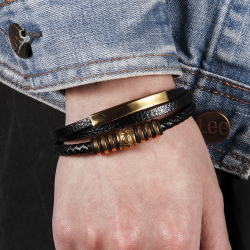 Cross-border stainless steel retro leather braided bracelet for men, titanium steel magnetic clasp multi-layer braided bracelet accessory wholesale
