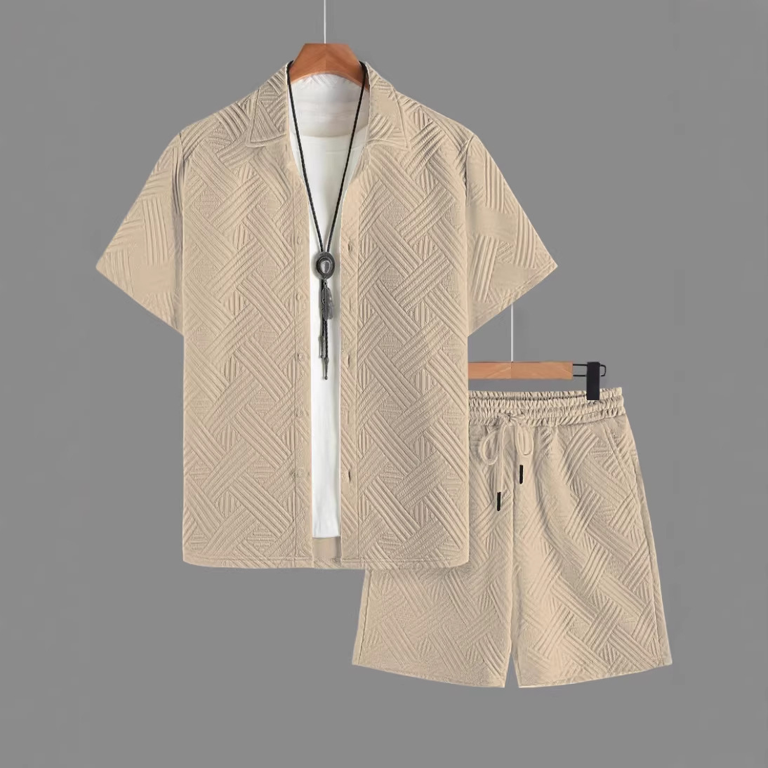 Nuevo comercio exterior transfronterizo nuevo hombre de verano Jacquard de color sólido con solapa Cardigan con solapa Casual camisa de manga corta set
