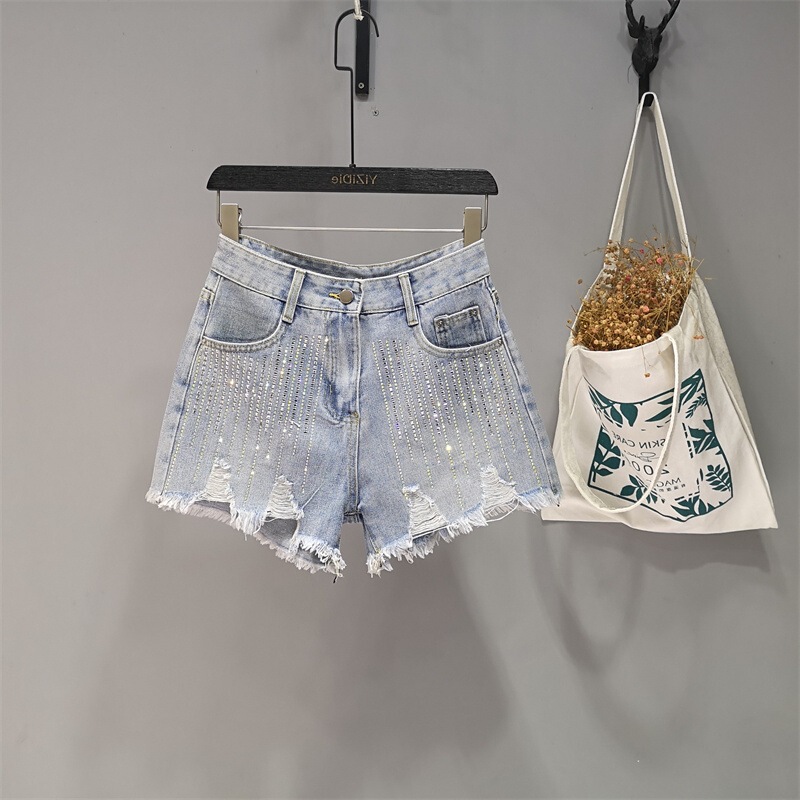 Autumn 2024 Thin Non-elastic light blue Hot Drilling Sequins Wash Water Abraded Wide-leg Pants Western-style Women's Denim Shorts