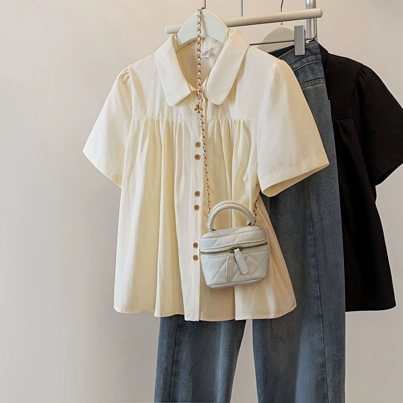 Женская французская рубашка с короткими рукавами больших размеров, лето 2025 мм, новый стиль, утягивающая и слегка толстая, закрывающая тело