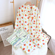 纯棉纱布睡衣女士春秋季长袖长裤薄款韩版甜美家居服两件套装外穿