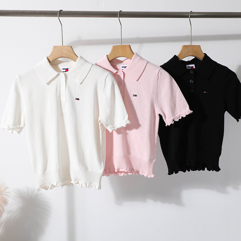 American Women's Polo Collar Ruffled Short-Sleeve Knit Top Summer Slim-Fit Shirt 2639