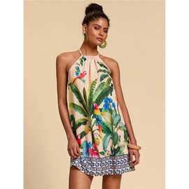 2025新款跨境亚马逊独立站欧美女式夏季休闲度假印花亚麻连衣裙