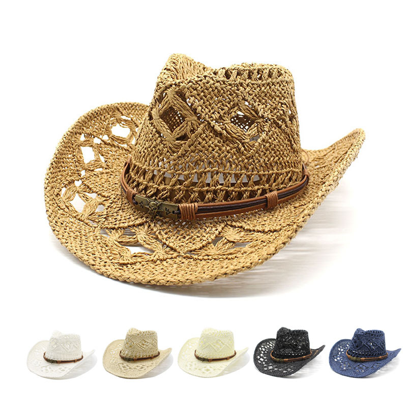 新款手工编织草帽镂空春夏季透气男女士情侣帽子防晒西部牛仔帽