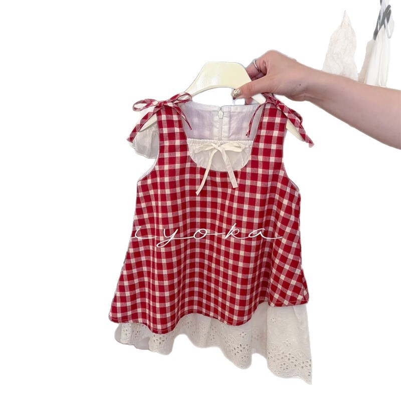 ¡Envía una diadema!! Vestido de bosque a cuadros rojo de siete niñas de limón salado verano nuevo estilo vestido de chaleco femenino para niños