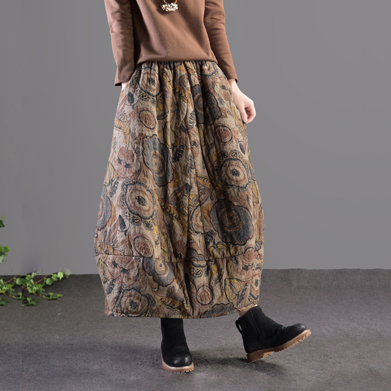 Ethnic style retro Western style printed quilted thickened skirt women's loose warm flower bud skirt cotton skirt lantern skirt