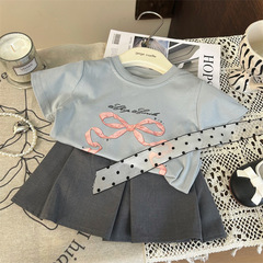 韓版童裝2024新款夏季女童蝴蝶結短袖T恤洋氣灰色百搭裙褲兩件套