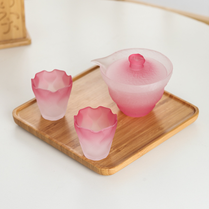 日式粉色女士磨砂玻璃茶具公道杯蓋碗耐熱琉璃杯主人杯茶杯品茗杯