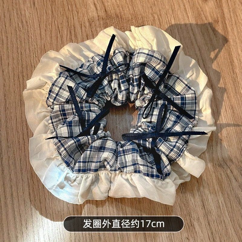 韩系蓝色格纹蝴蝶结方巾大肠发圈女高级感头圈发绳海燕头绳发饰品|undefined