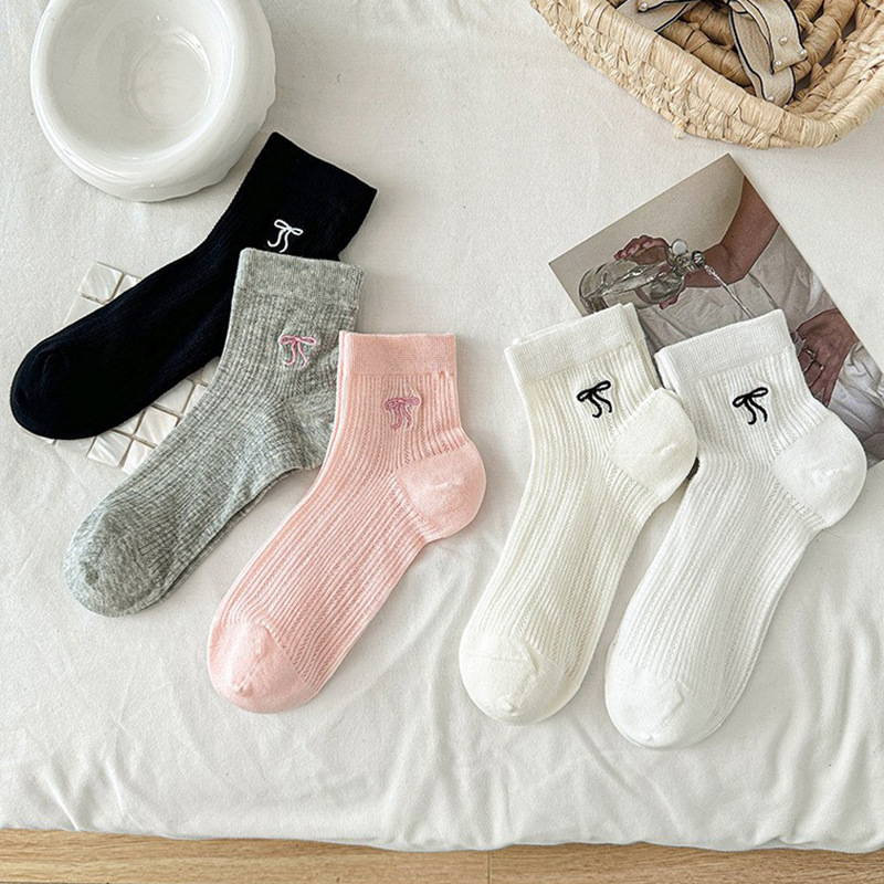 Women's Short Socks for Spring and Summer, Shallow Socks with Ballet Style Bow, Black and White Short Mesh Socks, Versatile Mesh Socks