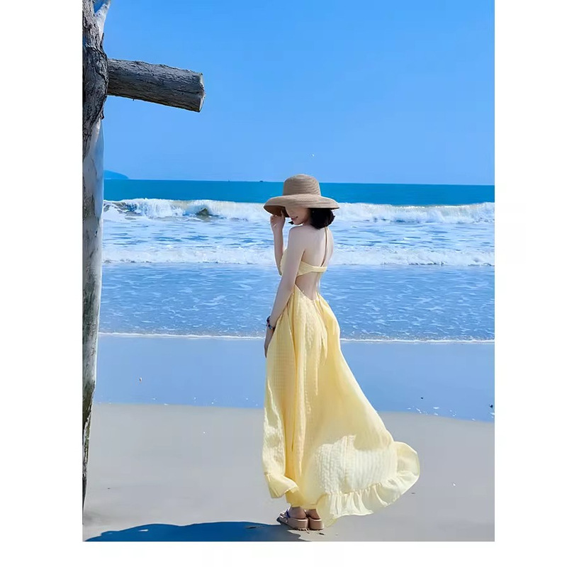 Seaside Vacation Dress, High-End Yellow Halterneck Long Skirt, Suspender Breast Pad, Backless Beach Skirt, Women's Sanya Outfit