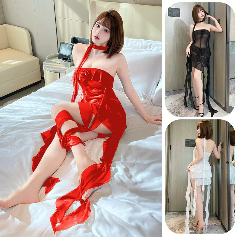 菲韵挂脖网纱飘带性感睡裙多色透视诱惑修身设计女士情趣睡衣975