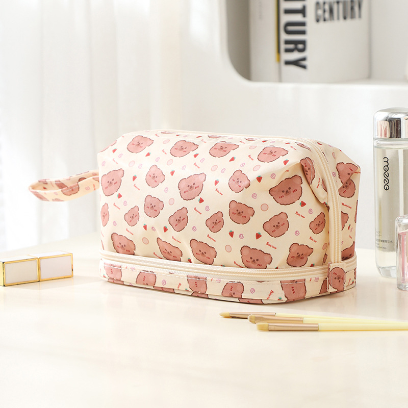 Runhui bolsa de cosméticos de doble capa de sarga de diseño bolsa de lavado de viaje de negocios bolsa de almacenamiento de cosméticos de doble capa de gran capacidad