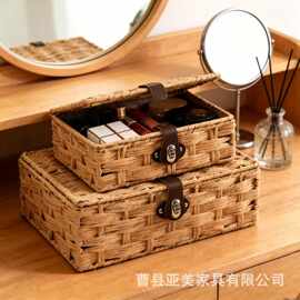 查经手工纸绳编织收纳筐桌面化妆品杂物整理筐客厅翻盖玩具零食筐