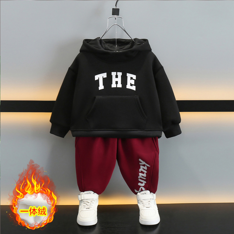 6752 Traje de vellón todo en uno para niños Otoño e invierno 2025 Nuevo estilo de invierno para niños Suéter con capucha más terciopelo de dos piezas de invierno