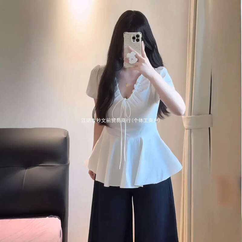 Plus-Size French Retro V-Neck Pleated Tie Shirt for Women, Summer Waist-Cinching Design Short-Sleeve Blouse Top Plus-Size French Retro V-Neck Pleated Tie Shirt for Women, Summer Waist-Cinching Design Short-Sleeve Blouse Top
