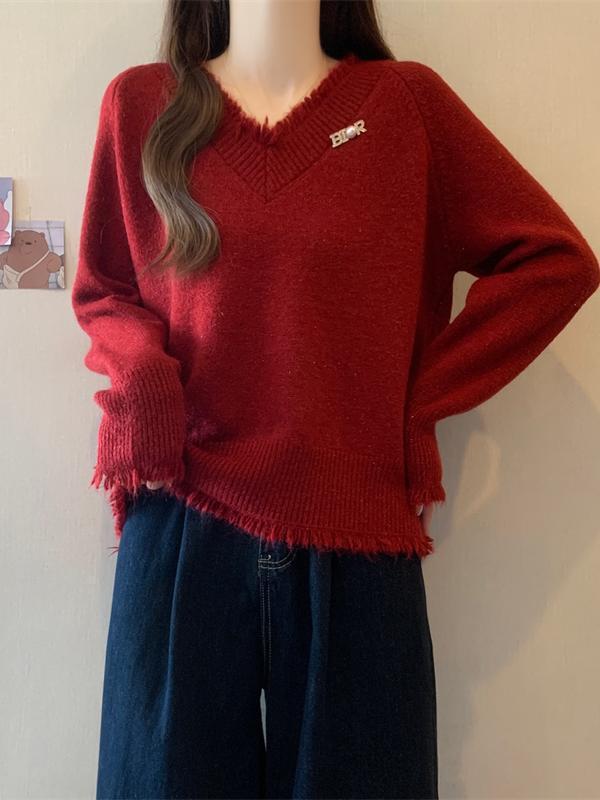 复系慵懒风韩系设计感毛衣女新款2025秋冬宽松外穿破洞针织衫|undefined