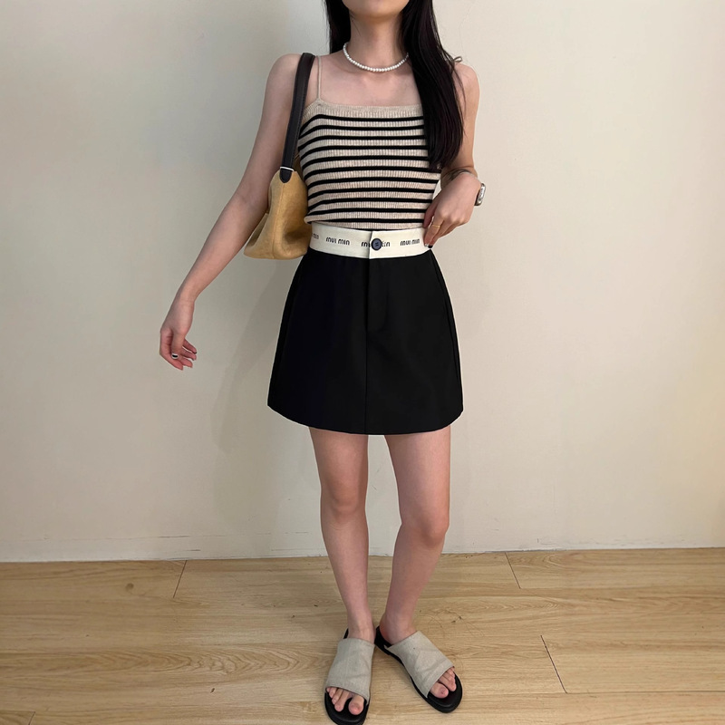 休闲西装短裙秋季缎面高级感编织腰头A字半身裙女装半身裙|undefined
