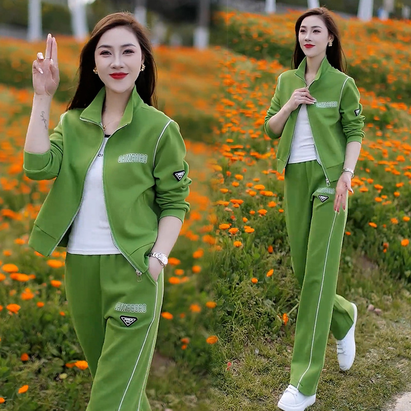 Casual Sportswear suit Women's 2025 Spring and Autumn New Western Style Slim-fit Vertical Collar Cardigan Jacket Wide Leg Pants Two-piece Set