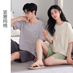 Factory Direct Sales Summer New Products Ready-Made Couple Pajamas Solid Color Simple Round Neck Pullover Short-Sleeved Pants Home Wear Set