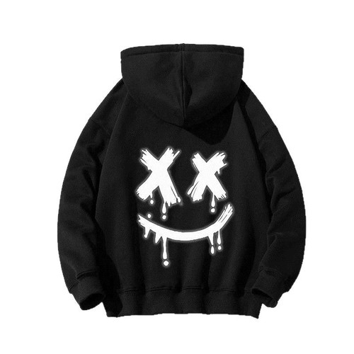 Men's Sweatshirt with Face Print for Autumn/Winter, Hooded, Fleece Lined, Trendy, Ins Style, Loose and Casual, Couple Hoodie Sweatshirt