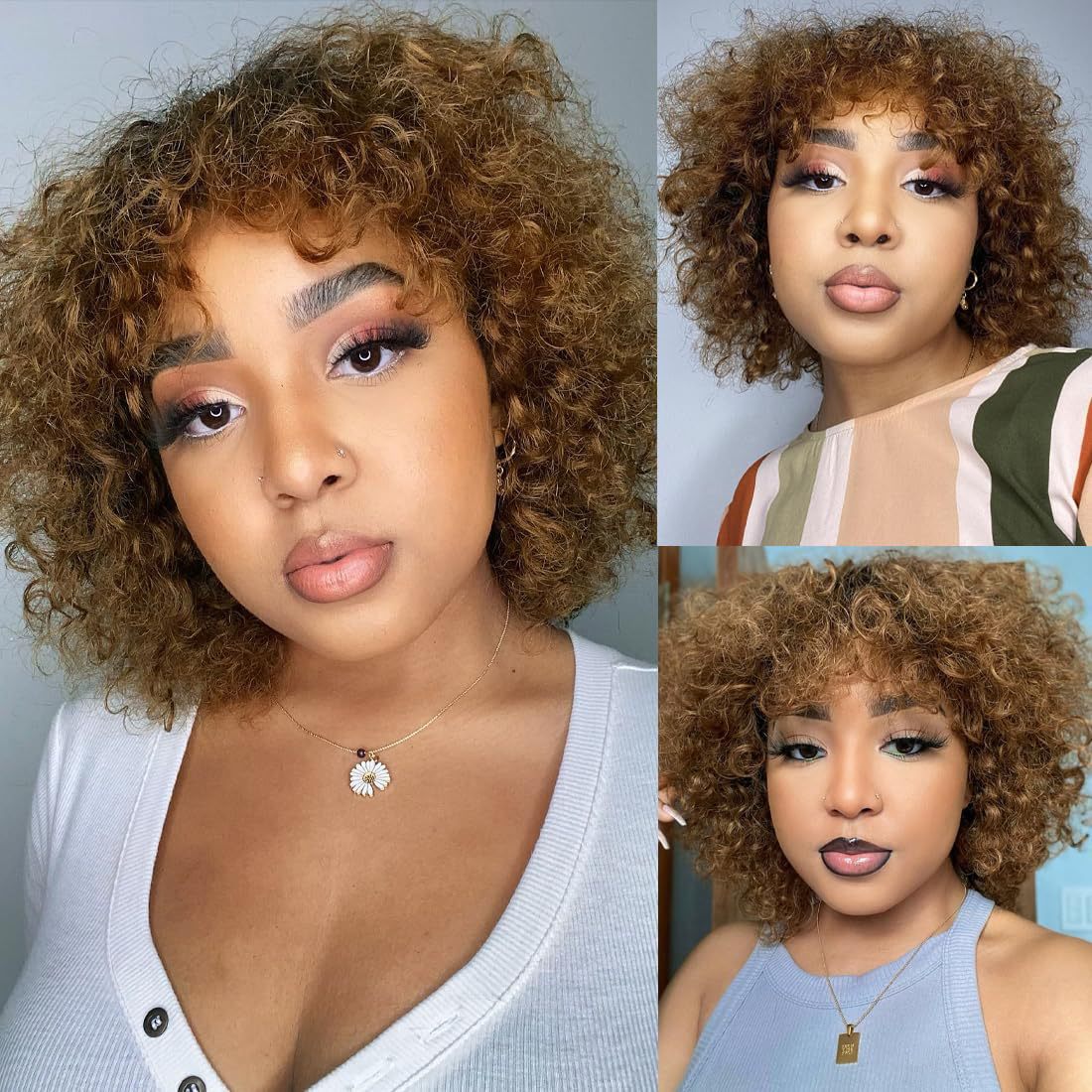 Nuevos productos de comercio exterior pelucas de moda de fibra química para mujeres africanas cubierta de cabello curvilíneo corto teñido marrón pequeña cabeza de explosión curvilíneo