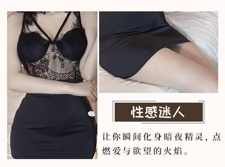 Sexy Lace Push-up Lingerie Set with Cat Ears, Deep V Slim-fit Black One Size — detail image 6