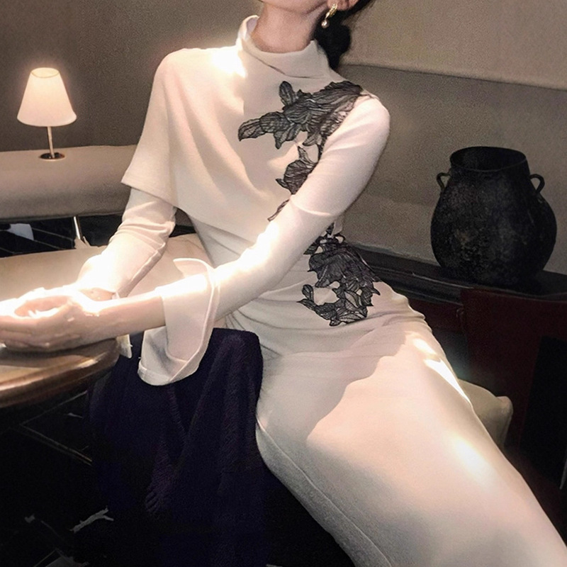 Autumn Maple New Chinese Style Knitted Dress Women's Early Autumn French Cape Shawl Long Sleeve Cheongsam Long Dress