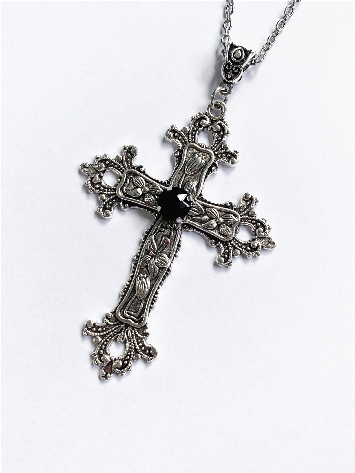 Cross Pattern Unisex Gender Retro Punk Cross Alloy Inlay Gem Unisex Pendant Necklace