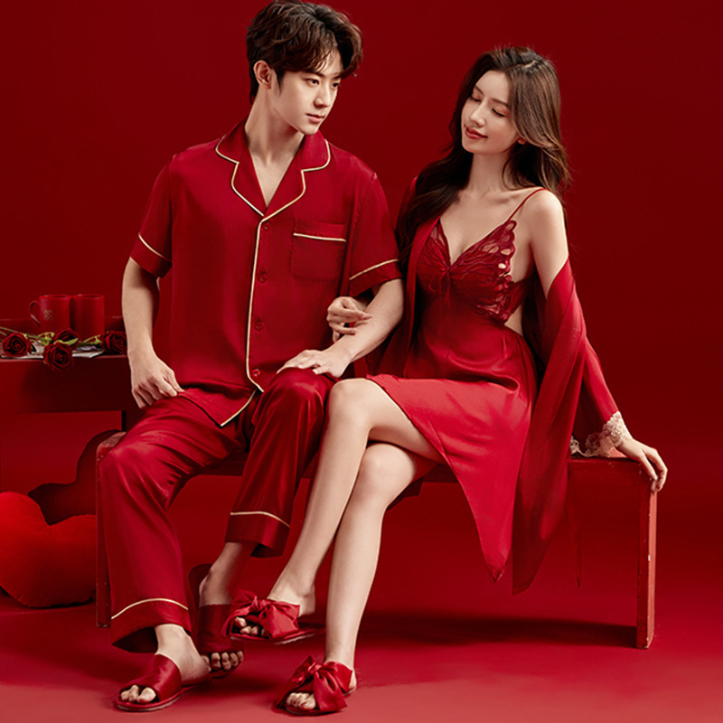 Wedding Couple Pajamas Women's Summer Ice Silk Short-Sleeved Pure Color High-End Suit Spring & Fall Red Men's Home Clothes