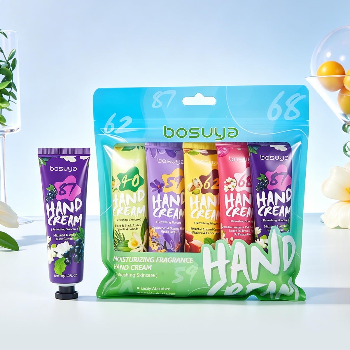 Suministro exclusivo transfronterizo de crema de manos con fragancia BOSUYA, hidratante y humectante, el popular set de cremas de manos de Amazon, paquete de 5 en bolsas. image 13
