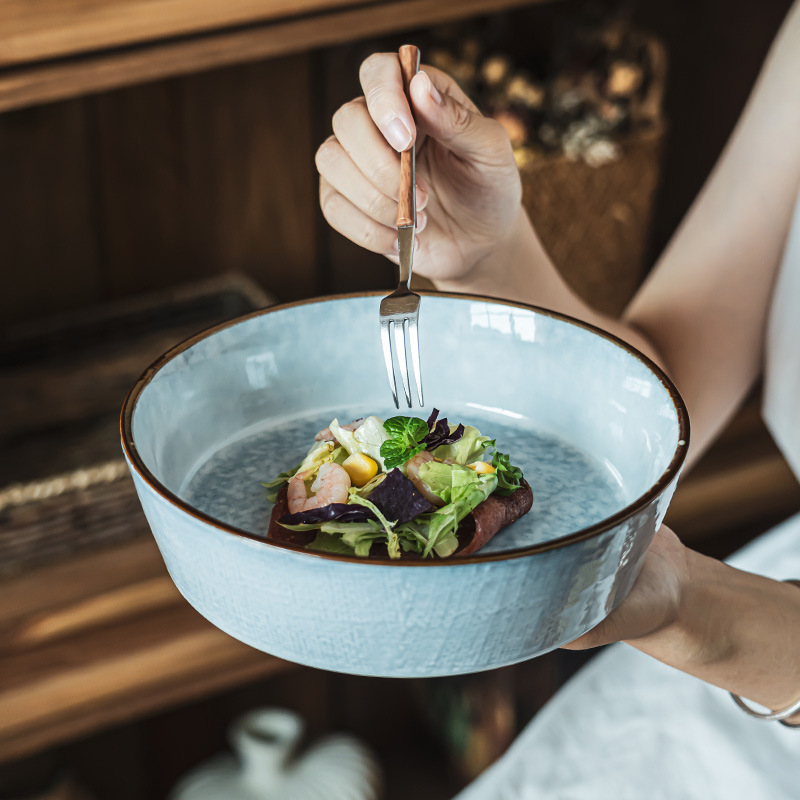 Retro simple tazón en forma de boca grande tazón profundo Plaid Nordic pescado en escabeche tazón grande de cerámica de alto aspecto tazón de sopa grande