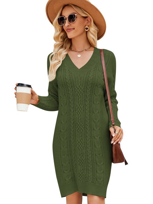 Ropa de mujer europea y americana transfronteriza de color sólido con cuello en V vestido de suéter largo Otoño e Invierno moda elegante vestido de punto de fondo retorcido