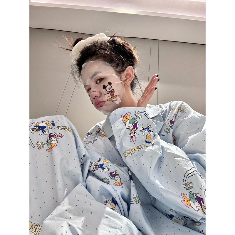 Korean Autumn New Donald Duck Cartoon Printed Long-sleeved Pajamas Women's plus size Loop Wide-leg Pants for Home suit