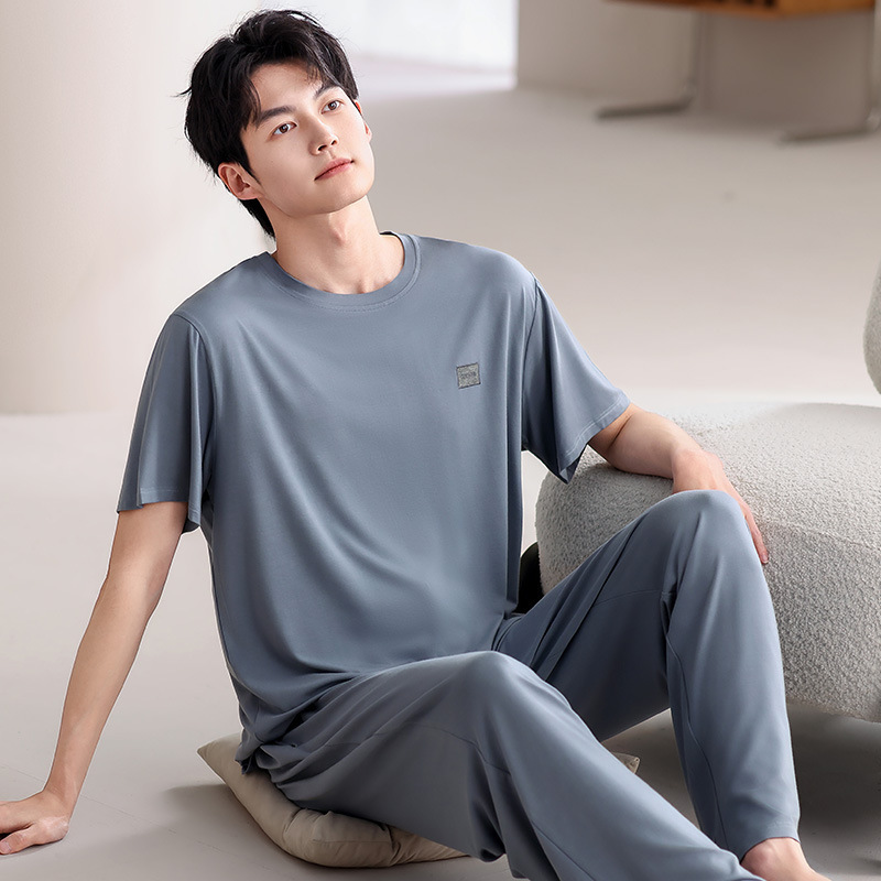 男性用パジャマ夏の新しいモーダル半袖ズボン 2 点セットティーンエイジャー薄型スタイルは家の服の外で着用できます大きいサイズ|undefined